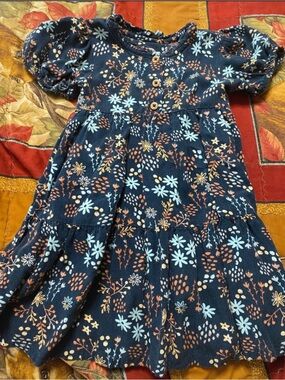 Girls' Navy Floral Puff-Sleeve Casual Dress